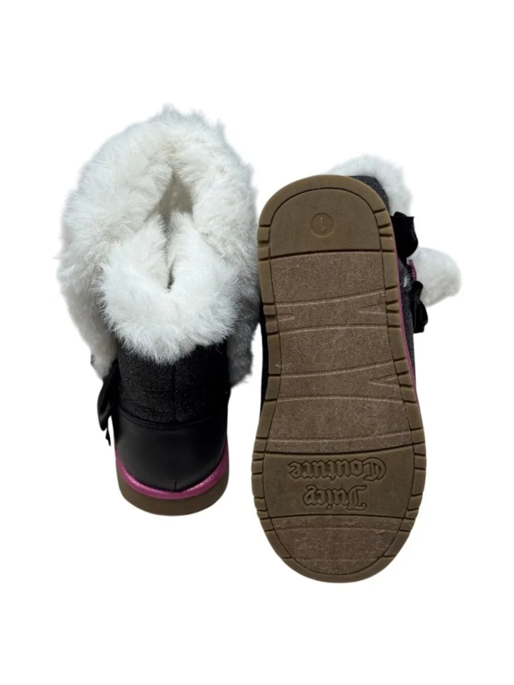 Juicy Couture Cachet PL Girls Glitter Boots Faux Fur Black Pink Bow Size 1